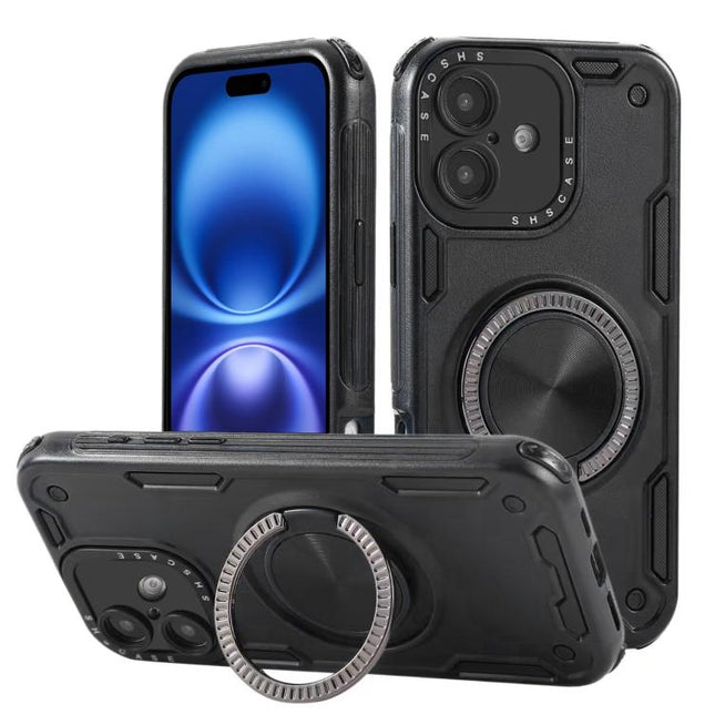 Three-core Mecha 360 Degree Rotation Magnetic Holder Phone Case, For iPhone 17 Pro Max, For iPhone 17 Pro, For iPhone 16 Pro Max, For iPhone 16 Pro, For iPhone 16 Plus, For iPhone 16
