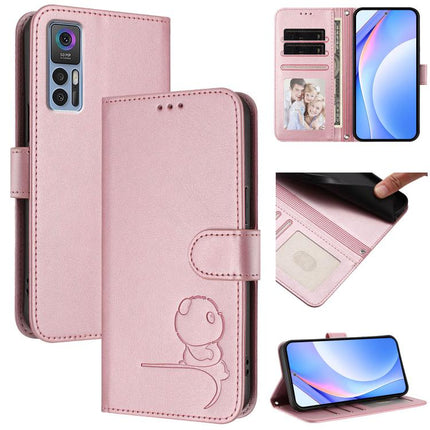 Litter Panda Embossing RFID Leather Phone Case with Lanyard, For TCL 303, For TCL 30T T603DL, For TCL 30 4G / 30 5G / 30 Plus, For TCL 30 SE