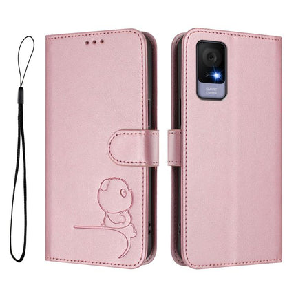 Litter Panda Embossing RFID Leather Phone Case with Lanyard, For TCL 405 / 406 / 406s / 408 T506D, For TCL 60 NxtPaper, For TCL 605 / 60 SE, For TCL 60 5G