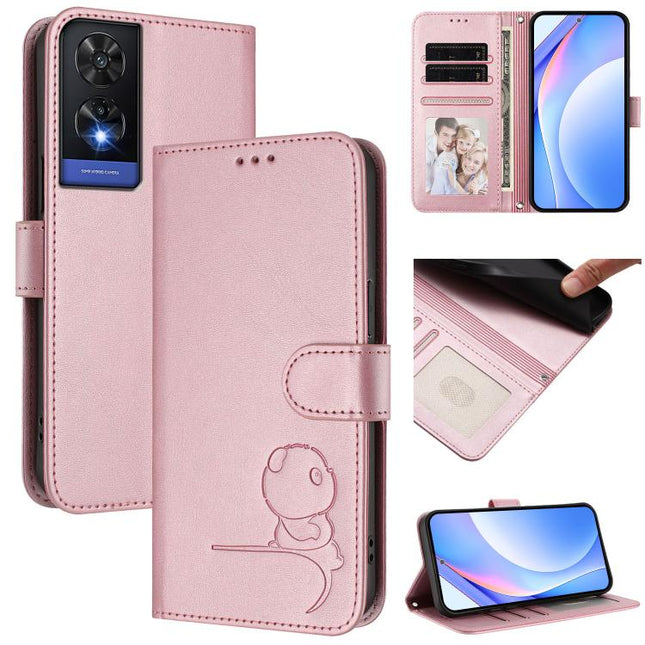 Litter Panda Embossing RFID Leather Phone Case with Lanyard, For TCL 505, For TCL 502, For TCL 40 SE, For TCL 403 / Vodafone Smart M23