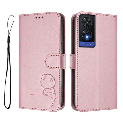 Litter Panda Embossing RFID Leather Phone Case with Lanyard, For TCL 505, For TCL 502, For TCL 40 SE, For TCL 403 / Vodafone Smart M23