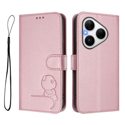 Litter Panda Embossing RFID Leather Phone Case with Lanyard, For Huawei Pura 80, For Huawei nova 14 Ultra, For Huawei nova 14 Pro, For Huawei nova 14