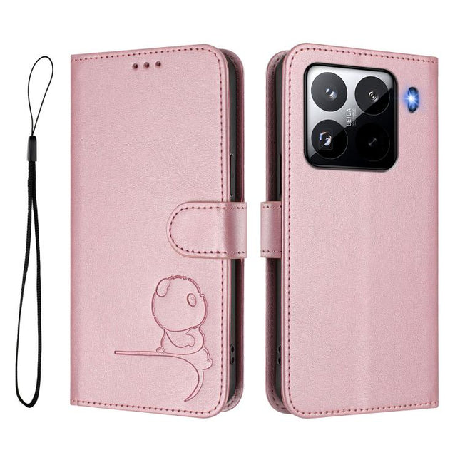 Litter Panda Embossing RFID Leather Phone Case with Lanyard, For Xiaomi 15 Pro, For Xiaomi 15, For Xiaomi 14T Pro, For Xiaomi 14T