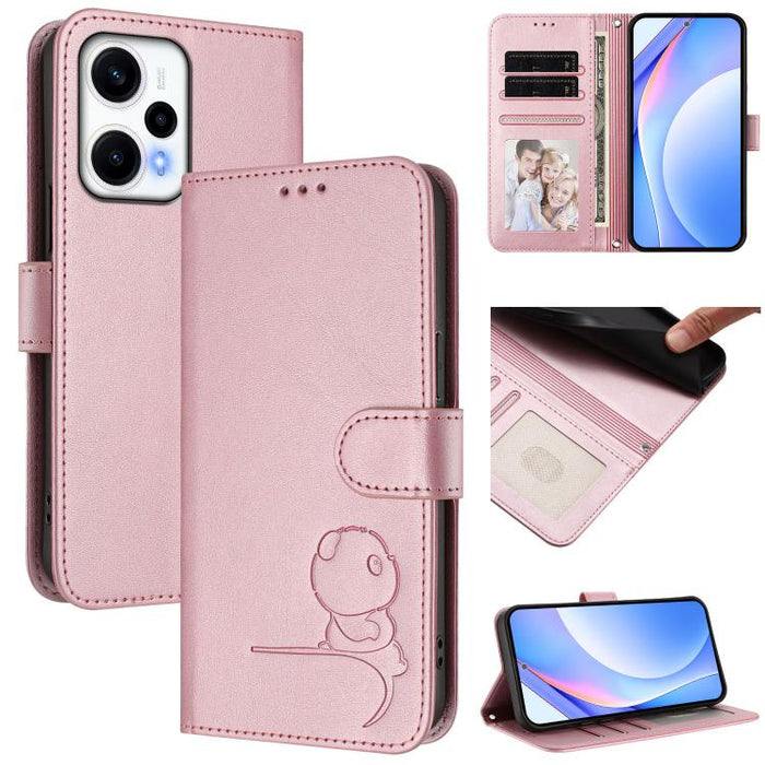 Litter Panda Embossing RFID Leather Phone Case with Lanyard, For Redmi Note 12 Turbo / Xiaomi Poco F5, For Redmi K60 / K60 Pro / Poco F5 Pro, For Redmi A1+ / A2+ / Poco C50 / C51, For Redmi Note 12 4G Global