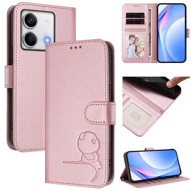 Litter Panda Embossing RFID Leather Phone Case with Lanyard, For Redmi Note 13 5G, For Redmi Note 13 Pro+ 5G, For Redmi 12 4G / 12 5G Global / India, For Redmi Note 12T Pro / Poco X4 GT