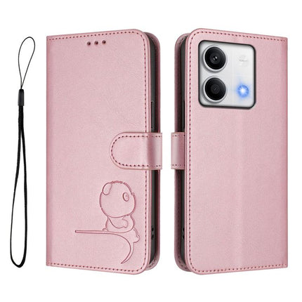 Litter Panda Embossing RFID Leather Phone Case with Lanyard, For Redmi Note 13 5G, For Redmi Note 13 Pro+ 5G, For Redmi 12 4G / 12 5G Global / India, For Redmi Note 12T Pro / Poco X4 GT