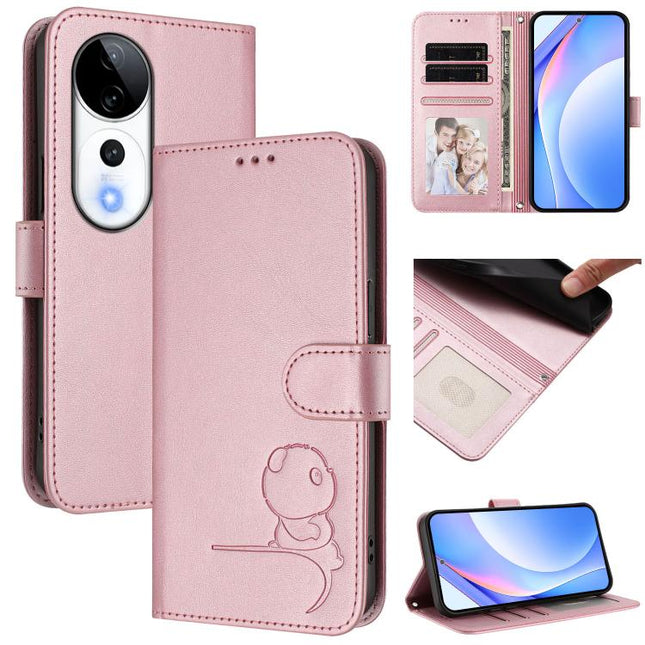 Litter Panda Embossing RFID Leather Phone Case with Lanyard, For vivo V40 / V40 Pro / T3 Ultra, For vivo iQOO Z9s Pro / T3 Pro India, For vivo Y03 / Y18 India / Y28s, For vivo V40 Lite 5G / V30e 5G