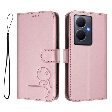 Litter Panda Embossing RFID Leather Phone Case with Lanyard, For vivo Y78+ / Y78 / V29 Lite, For vivo Y56 / Y16 / Y02s, For vivo V27 / V27 Pro, For vivo V27e 4G / S16e 5G / T2 4G
