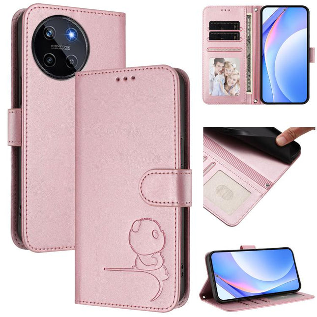 Litter Panda Embossing RFID Leather Phone Case with Lanyard, For Realme 11 5G / 11x / C67 5G India, For Realme 11 4G, For Realme GT5 240W / GT5, For Realme Narzo 60 Pro