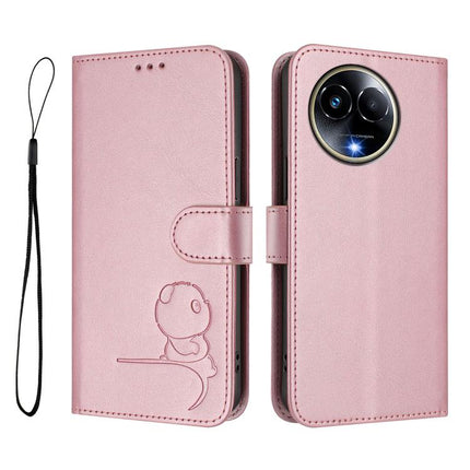 Litter Panda Embossing RFID Leather Phone Case with Lanyard, For Realme 11 5G / 11x / C67 5G India, For Realme 11 4G, For Realme GT5 240W / GT5, For Realme Narzo 60 Pro