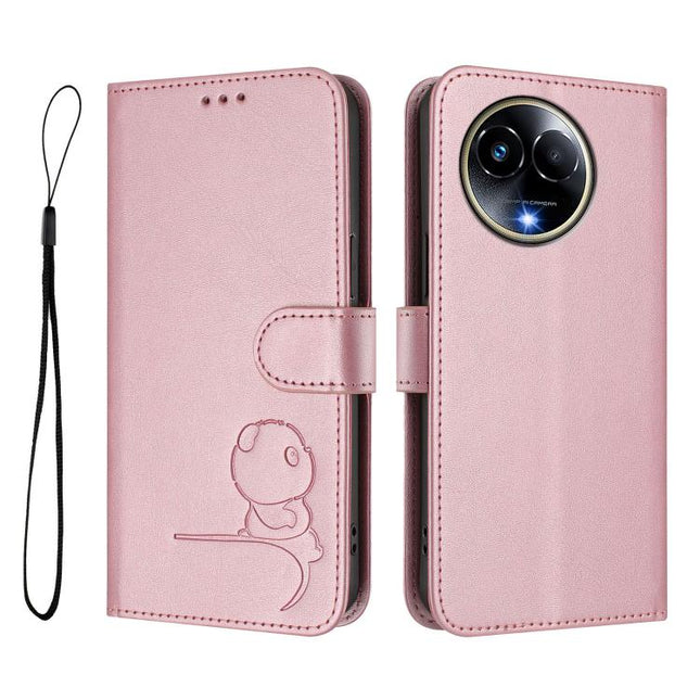 Litter Panda Embossing RFID Leather Phone Case with Lanyard, For Realme 11 5G / 11x / C67 5G India, For Realme 11 4G, For Realme GT5 240W / GT5, For Realme Narzo 60 Pro