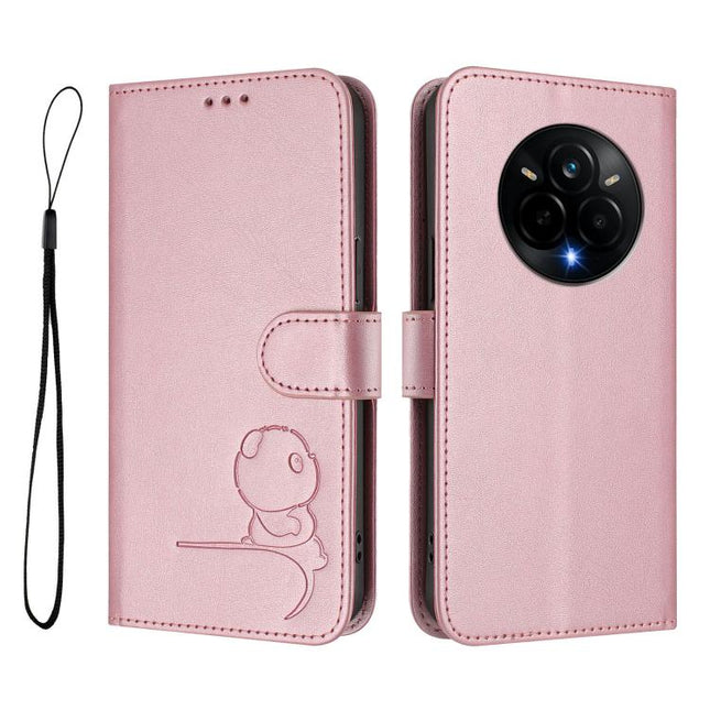 Litter Panda Embossing RFID Leather Phone Case with Lanyard, For Realme 14 Pro, For Realme GT7 Pro / GT7 Pro Racing, For Realme C63 5G, For Realme 12 5G / 12x Global / 12x India