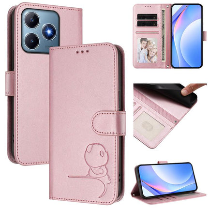 Litter Panda Embossing RFID Leather Phone Case with Lanyard, For Realme 13+, For Realme 13 4G / 12 4G / 12+ / P1, For Realme 13 Pro / 13 Pro+, For Realme C63 4G / C61 / C61 India