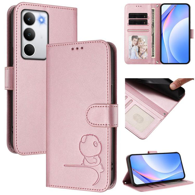 Litter Panda Embossing RFID Leather Phone Case with Lanyard, For Realme 15 5G / 15 Pro 5G Global, For Realme C71 4G, For Realme GT7 5G India, For Realme V70 5G / 14x Global / C75 5G
