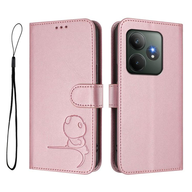 Litter Panda Embossing RFID Leather Phone Case with Lanyard, For Realme GT 6T 5G / GT 6 5G Global, For Realme C67 4G / 12 Lite 4G, For Realme 12 Pro / 12 Pro+ / P1 Pro, For Realme C53 / C51 / C53 India