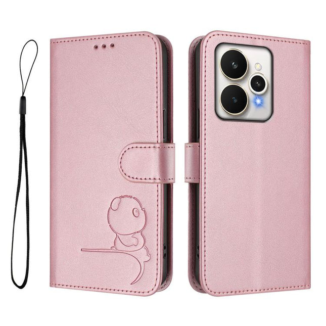 Litter Panda Embossing RFID Leather Phone Case with Lanyard, For Realme 15 5G / 15 Pro 5G Global, For Realme C71 4G, For Realme GT7 5G India, For Realme V70 5G / 14x Global / C75 5G