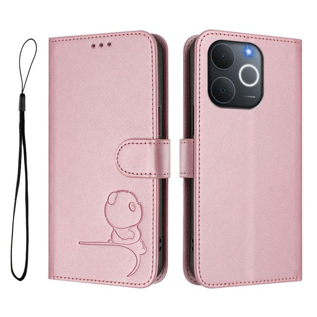 Litter Panda Embossing RFID Leather Phone Case with Lanyard, For Realme C71 4G India / Note 70 4G, For Realme P4 Pro 5G, For Realme P4 5G, For Realme 15T 5G Global