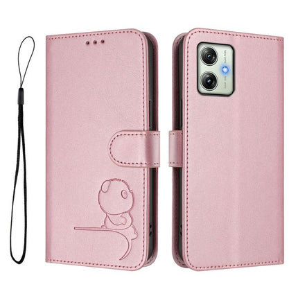 Litter Panda Embossing RFID Leather Phone Case with Lanyard, For Motorola Moto G64 / G54 India / G54 Power, For Motorola Moto E14 / G04 / G04s / G24, For Motorola Moto G85 5G, For Motorola Edge 50 Fusion / Moto G85 5G