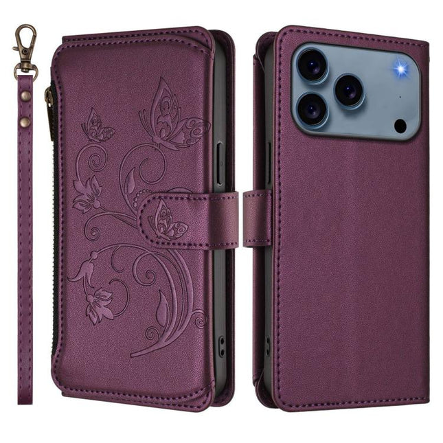 Butterfly Love Flower Multi-card Zipper Wallet Leather Phone Case, For iPhone 17e / 16e, For iPhone 17 Pro Max, For iPhone 17 Pro
