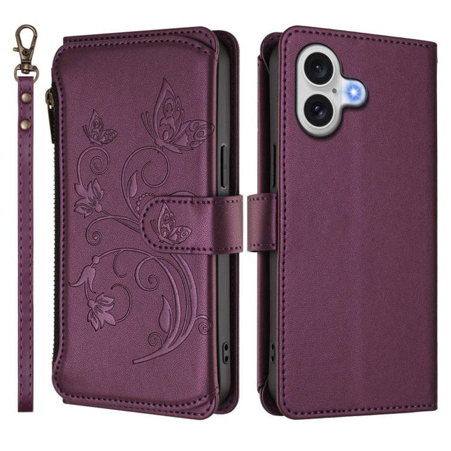 Butterfly Love Flower Multi-card Zipper Wallet Leather Phone Case, For iPhone 17, For iPhone Air, For iPhone 16 Pro Max