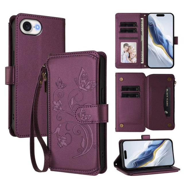 Butterfly Love Flower Multi-card Zipper Wallet Leather Phone Case, For iPhone 17e / 16e, For iPhone 17 Pro Max, For iPhone 17 Pro