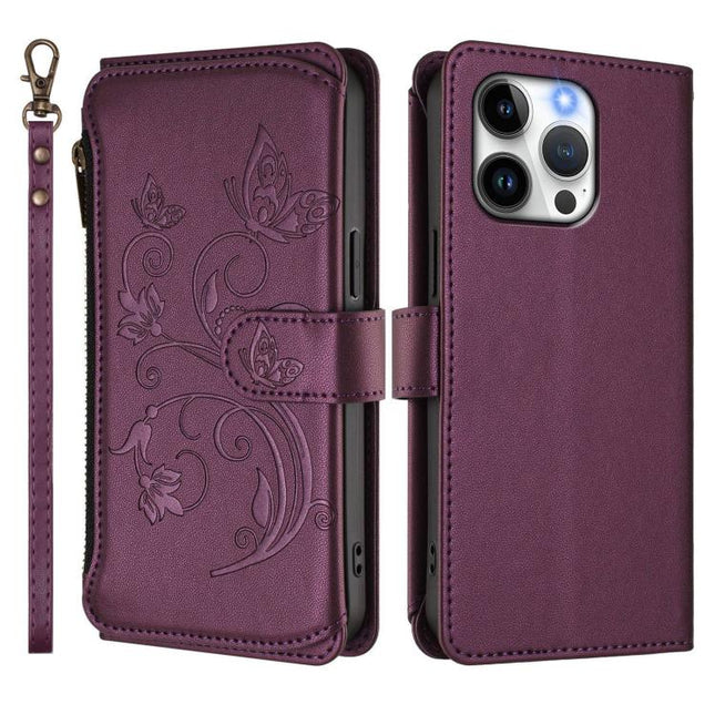 Butterfly Love Flower Multi-card Zipper Wallet Leather Phone Case, For iPhone 15 Pro Max, For iPhone 15 Pro, For iPhone 15 Plus