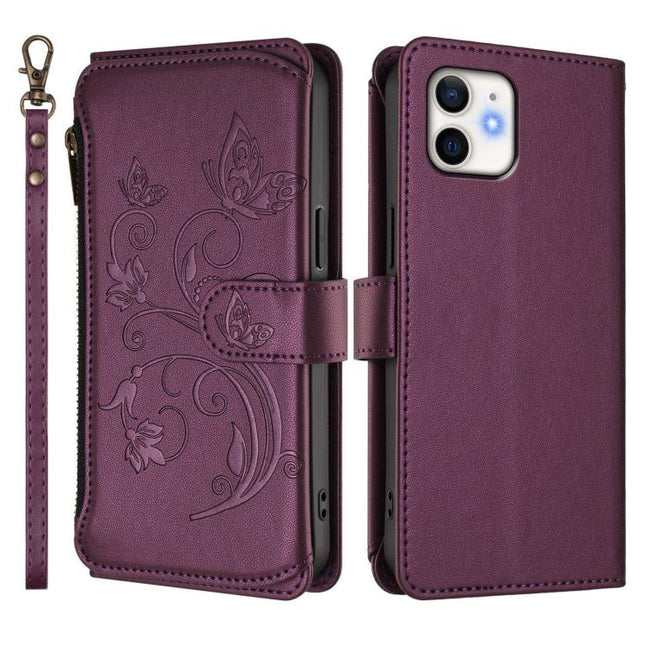 Butterfly Love Flower Multi-card Zipper Wallet Leather Phone Case, For iPhone 12 / 12 Pro, For iPhone 12 Pro Max, For iPhone 12 mini