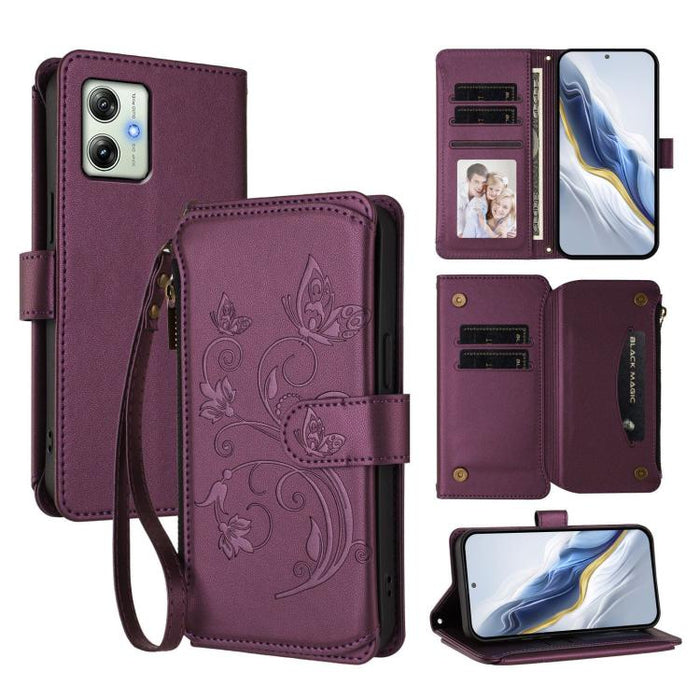 Butterfly Love Flower Multi-card Zipper Wallet Leather Phone Case, For Motorola Moto G54 5G / G64 India, For Motorola Moto G14 4G / G64Y, For Motorola Moto G24 4G / G04 4G