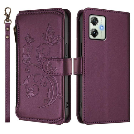 Butterfly Love Flower Multi-card Zipper Wallet Leather Phone Case, For Motorola Moto G54 5G / G64 India, For Motorola Moto G14 4G / G64Y, For Motorola Moto G24 4G / G04 4G