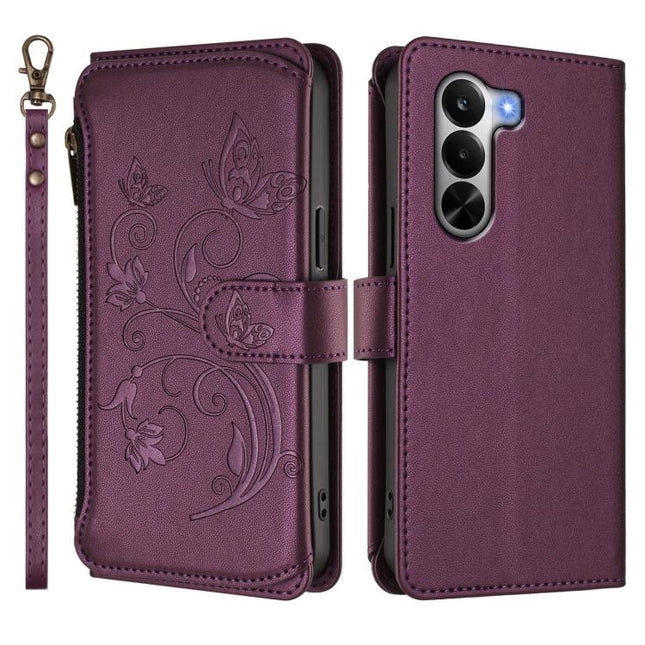 Butterfly Love Flower Multi-card Zipper Wallet Leather Phone Case, For Realme P4x 5G / OnePlus Nord CE6 Lite, For Realme 16T 5G Global, For Realme C100 / C85 5G Global / 15X 5G