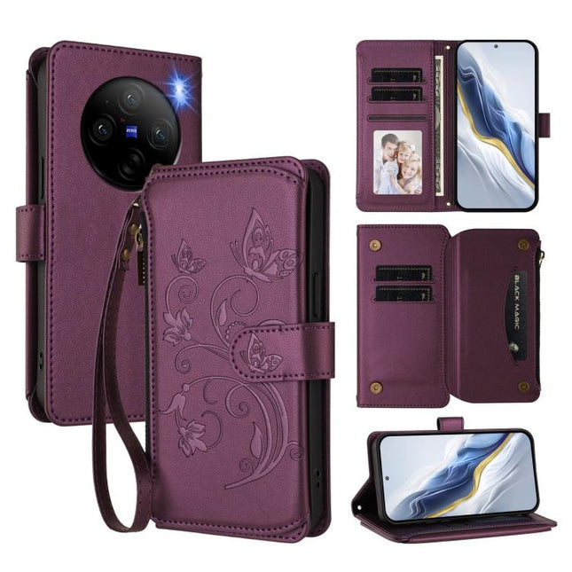 Butterfly Love Flower Multi-card Zipper Wallet Leather Phone Case, For vivo X100 5G, For vivo S17 / S17 Pro 5G / S17t 5G, For vivo Y27 4G 2023 Global / Y35M+