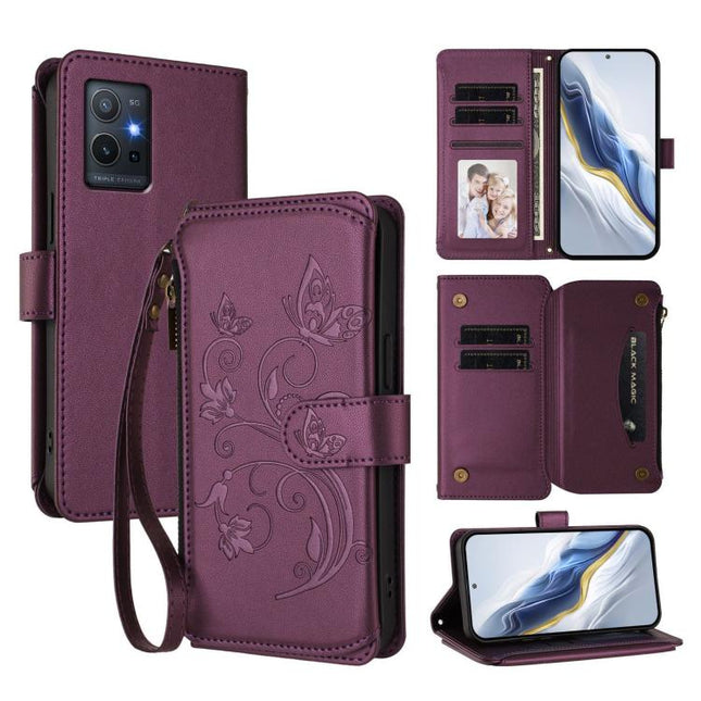 Butterfly Love Flower Multi-card Zipper Wallet Leather Phone Case, For vivo Y55s 5G 2023 / Y55 5G Global