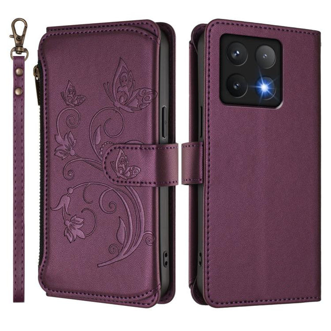 Butterfly Love Flower Multi-card Zipper Wallet Leather Phone Case, For Xiaomi 14T Pro, For Xiaomi 14T, For Xiaomi Poco F6