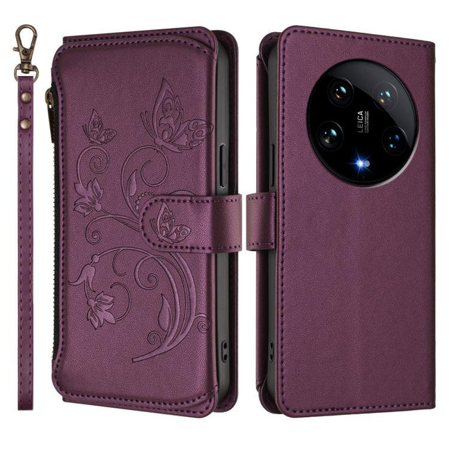 Butterfly Love Flower Multi-card Zipper Wallet Leather Phone Case, For Xiaomi 14 Ultra, For Xiaomi 14 Pro, For Xiaomi 14