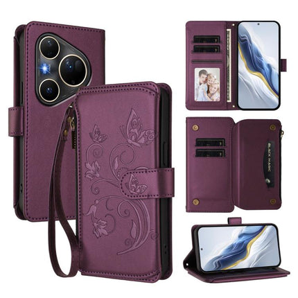 Butterfly Love Flower Multi-card Zipper Wallet Leather Phone Case, For Huawei Pura 80 Ultra 5G, For Huawei Pura 80 Pro 5G, For Huawei Pura 80 5G