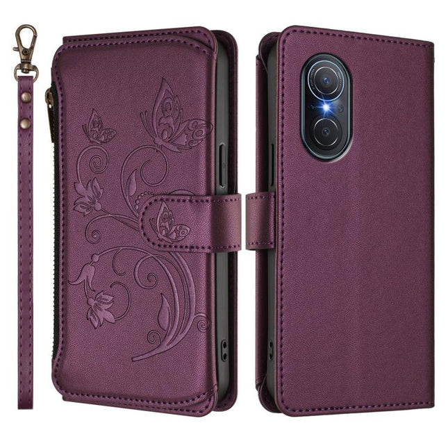 Butterfly Love Flower Multi-card Zipper Wallet Leather Phone Case, For Honor 50 SE / Huawei nova 9 SE