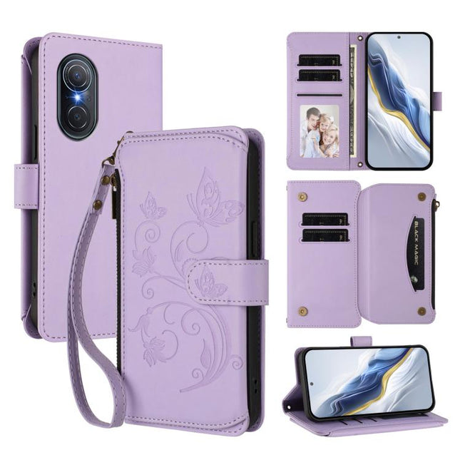 Butterfly Love Flower Multi-card Zipper Wallet Leather Phone Case, For Honor 50 SE / Huawei nova 9 SE