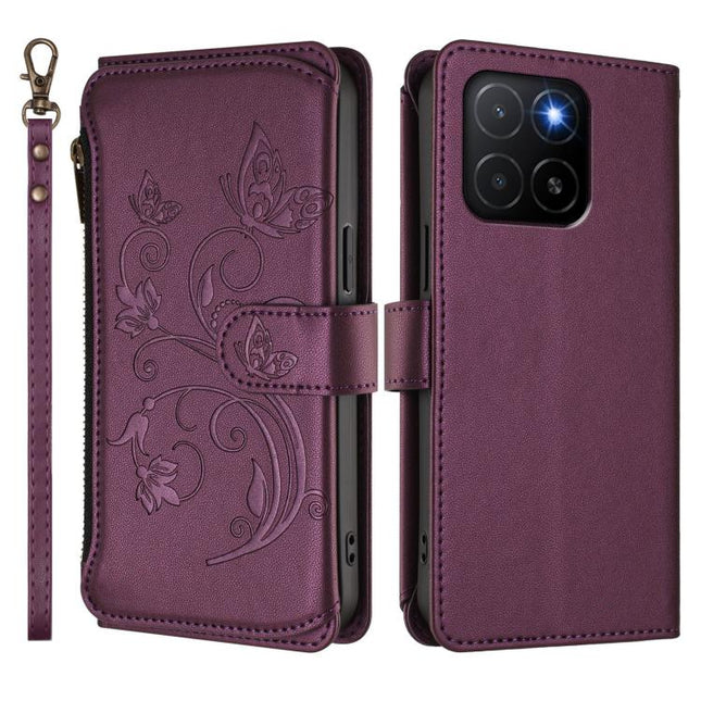 Butterfly Love Flower Multi-card Zipper Wallet Leather Phone Case, For Honor X5b 4G / X5b Plus 4G, For Honor 200 Smart 5G / X7c 4G, For Honor X8 5G / X6 5G / X8a 5G
