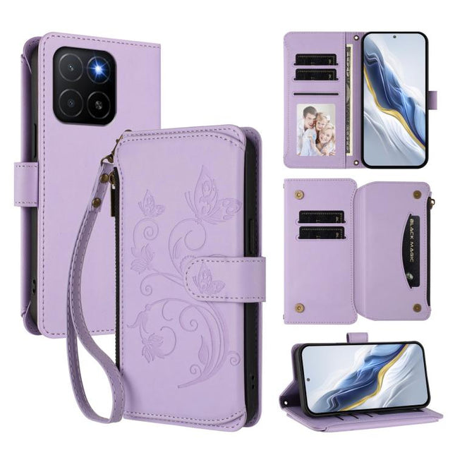 Butterfly Love Flower Multi-card Zipper Wallet Leather Phone Case, For Honor X5b 4G / X5b Plus 4G, For Honor 200 Smart 5G / X7c 4G, For Honor X8 5G / X6 5G / X8a 5G