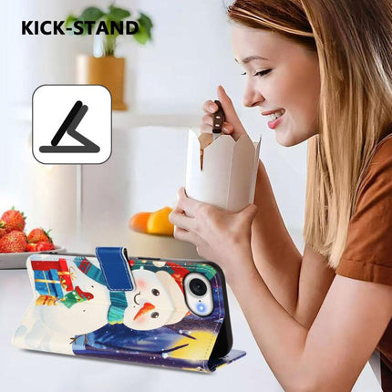 Christmas Series Buckle Leather Phone Case with Hand Strap, For iPhone 16e, For iPhone 16 Pro Max, For iPhone 16 Pro, For iPhone 16 Plus