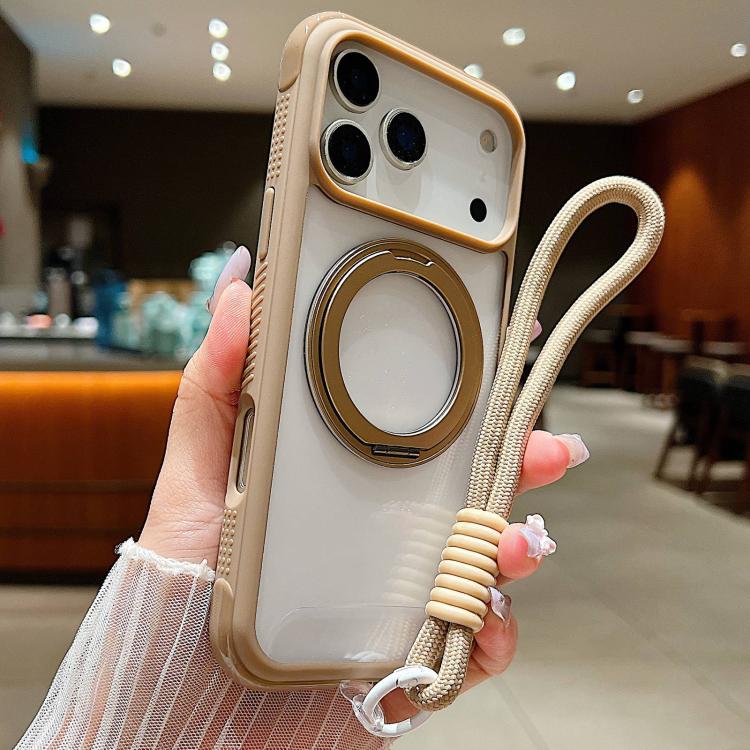 Solid Color Edge Transparency Rotation Holder MagSafe Phone Case with Wrist Strap