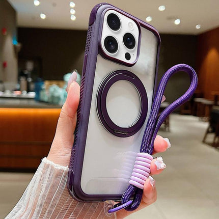 Solid Color Edge Transparency Rotation Holder MagSafe Phone Case with Wrist Strap, For iPhone 16 Plus, For iPhone 16, For iPhone 15 Pro Max