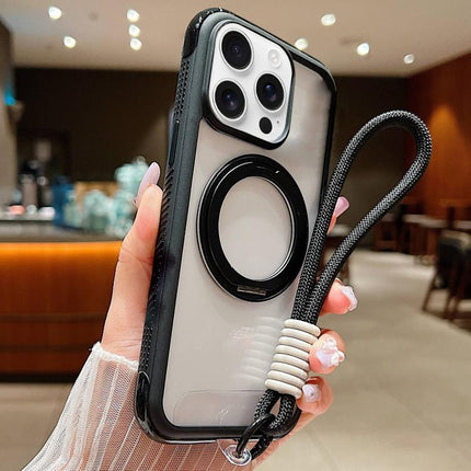 Solid Color Edge Transparency Rotation Holder MagSafe Phone Case with Wrist Strap, For iPhone 16 Plus, For iPhone 16, For iPhone 15 Pro Max