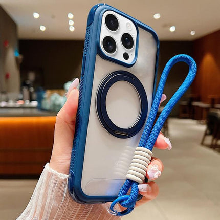 Solid Color Edge Transparency Rotation Holder MagSafe Phone Case with Wrist Strap, For iPhone 15 Pro, For iPhone 14 Plus / 15 Plus, For iPhone 15 / 14 / 13
