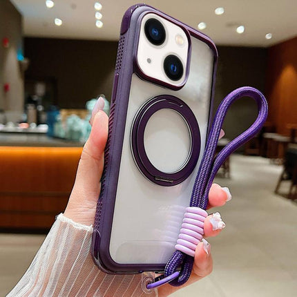 Solid Color Edge Transparency Rotation Holder MagSafe Phone Case with Wrist Strap, For iPhone 15 Pro, For iPhone 14 Plus / 15 Plus, For iPhone 15 / 14 / 13