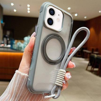 Solid Color Edge Transparency Rotation Holder MagSafe Phone Case with Wrist Strap, For iPhone 12 / 12 Pro