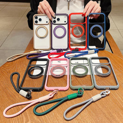 Solid Color Edge Transparency Rotation Holder MagSafe Phone Case with Wrist Strap, For iPhone 16 Plus, For iPhone 16, For iPhone 15 Pro Max