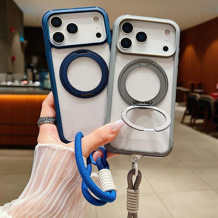 Solid Color Edge Transparency Rotation Holder MagSafe Phone Case with Wrist Strap, For iPhone 15 Pro, For iPhone 14 Plus / 15 Plus, For iPhone 15 / 14 / 13