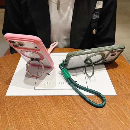 Solid Color Edge Transparency Rotation Holder MagSafe Phone Case with Wrist Strap, For iPhone 14 Pro / 13 Pro, For iPhone 14 Pro Max, For iPhone 13 Pro Max / 12 Pro Max