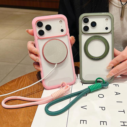 Solid Color Edge Transparency Rotation Holder MagSafe Phone Case with Wrist Strap, For iPhone 16 Plus, For iPhone 16, For iPhone 15 Pro Max